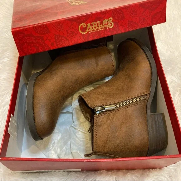 Brown Boots Carlos Santana Booties Vegan Leather Zipper Ankle Booties 7 - 7.5 - Picture 9 of 12